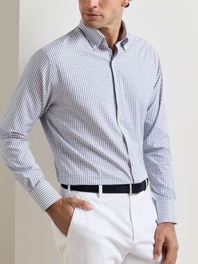 Peter Millar || Hanford Performance Twill Sport Button Down Shirt Check Navy L